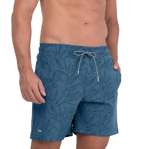 MASH Shorts Folhagem Casual Praia Dry Fast Elastano Beach Com Bolso, Azul Denim, M