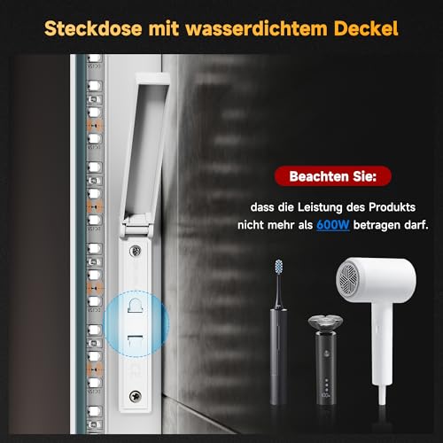 SONNI LED Badspiegel mit Steckdose 140x80 cm, Badezimmerspiegel mit Beleuchtung, Touchschalter, 3 einstellbare Lichtfarben, Dimmbar, Beschlagfrei, 3-Fach Vergrößerung