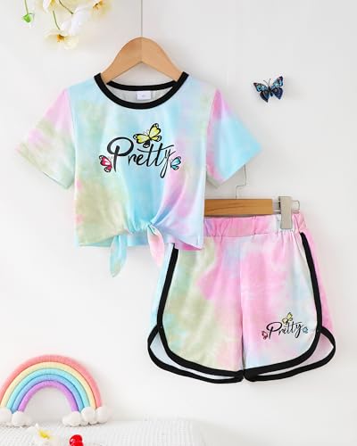 Image of Jecson Girls Summer Outfits 2Pcs Kids Clothes Girls Tie Knot Front Tops T-Shirts and Casual Short Sets 5-12Y