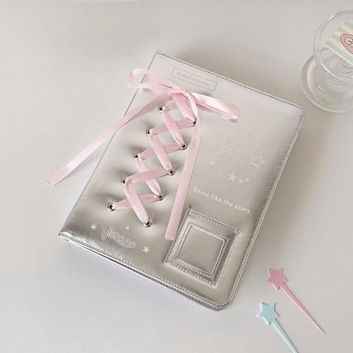 シール帳 A5 かわいい手帳 6穴 銀色 PU レザー バインダー 芭蕾リボン付き カードアルバム 10枚四分割リフィル 両面収納 最大80枚カード 封面フォトポケット 女の子向け