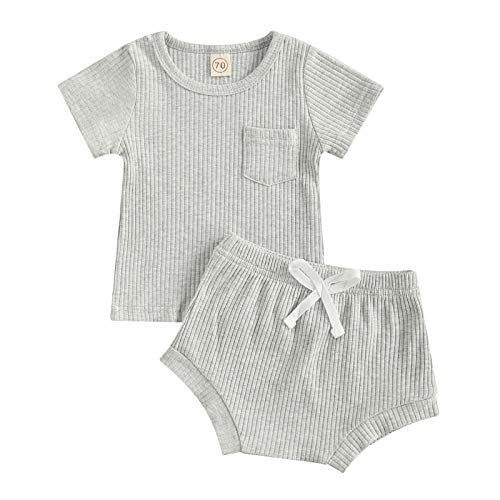 Mubineo Toddler Baby Boy Girl Basic Pocket Cotton Short Sleeve T Shirts Shorts Set Outfit (Grey, 0-6 Months)