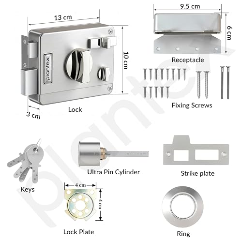 Image of Plantex Heavy Duty Night Latch Door Lock with Key & Knob for Main Door /Twinbolt Lock for Home,Hotel,Office /Deadbolt Lock with 5-Years Warranty (Satin White & Chrome)