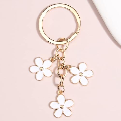 Fuqimanman2020 1~4 Pcs Flowers Charms Enameled Keychain Cute Flowers Chain Tassel Keyring Gifts Purse Bag Accessories(White) #TOP1
