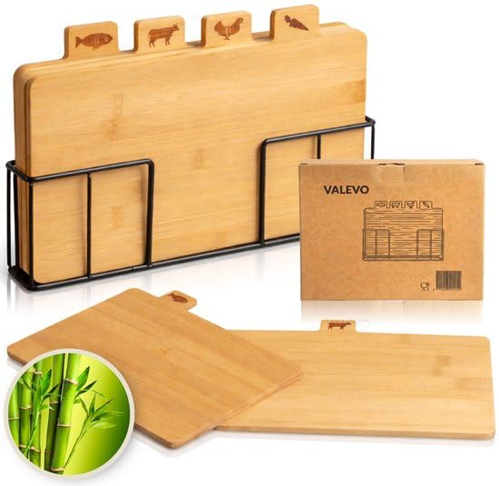 4x Planche à découper en bambou avec support - 28x17 cm - Sans BPA ni PFAS - Planche à découper Bois - Ensemble de planches à découper en bambou - Planche à découper en bois