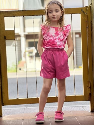 Image of Arshiner Girls Clothes Summer Outfits Ruffle Sleeve Tops and Paperbag Waist Shorts with Pockets Kids Clothing Set