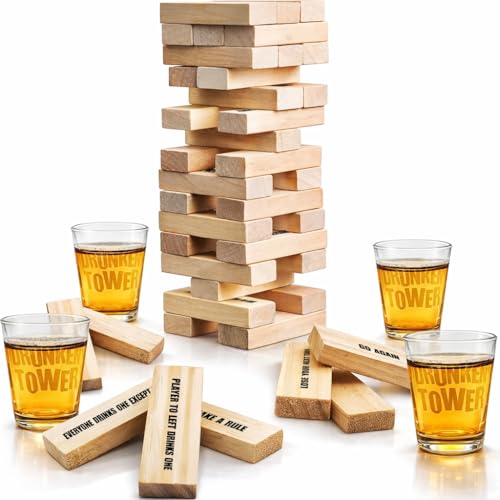 ArtCreativity Tumbling Tower Drinking Games for Adults, with 4 Glasses and 48 Wooden Blocks with Challenges, Fun House Adult Party Games for Game Night, Great...