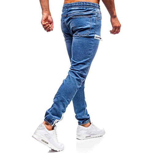 XYGJZ Mens Casual Jeans Slim Fit Solid Color Drawstring Elastic Waist Stretch Tapered Denim Jean Pants with Zipper Hem2