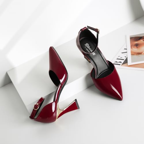 Image of RIBONGZ Comfortable Kitten Heels for Women Pointed Closed Toe Ankle Strap Buckle Heels Slip on Low Heel Church Pumps Wedding Bridal Party Dressy Shoes