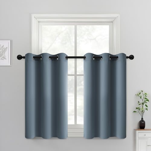 Yakamok 36 Inch Length Blackout Curtains for Bedroom, Light Blocking Drapes Room Darkening Thermal Insulated Solid Grommet Panels for Living Room(38Wx36L, Stone Blue, 2 Panels)