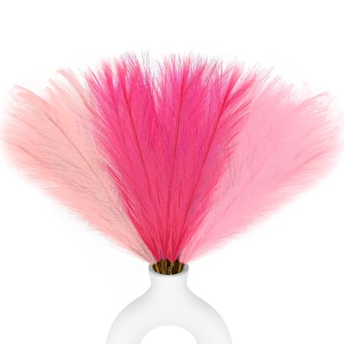 Veneloo 48pcs Pink Faux Pampas Grass Decor 21.7inch Hot Pink Short Artificial Pompous Grass Fluffy Fake Pompas Grass Branches Vase Filler Flower Arrangement for Outdoors Wedding Centerpieces Decor