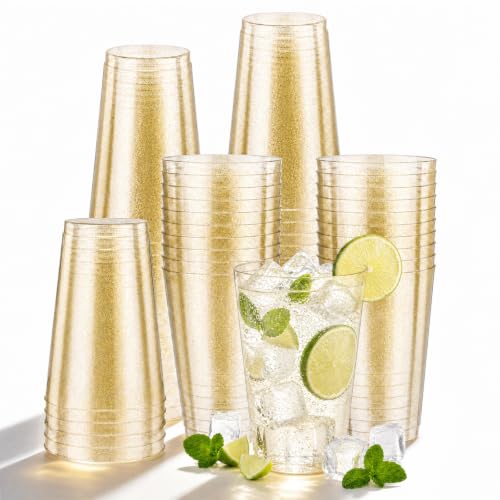 Image of 14 OZ 100 Pcs Gold Plastic Cups, Disposable Glitter Plastic Cups