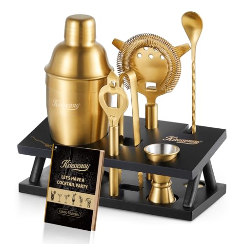 KITESSENSU Cocktail Shaker Set Bartender Kit 6-Piece Silver Bar Set with Stand Gold