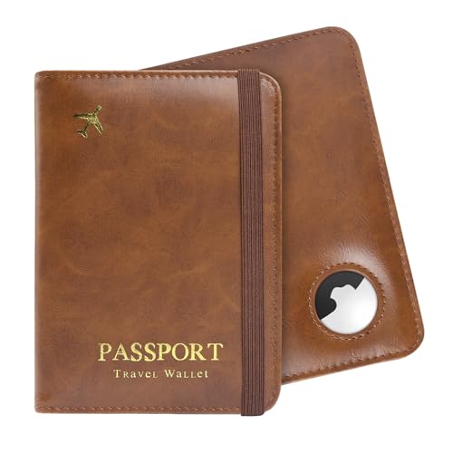ILIYAH Passport Holder with AirTag – RFID Blocking Travel Document Wallet, Leather Passport Cover with AirTag Slot, Keeps Passport Safe & Trackable, Brown, normal, Retro