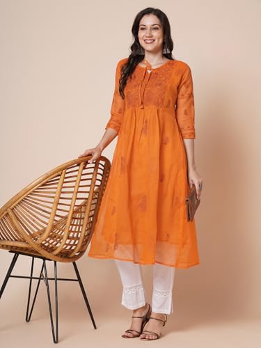 Image of RATAN Women's Muga Cotton Flared Lucknowi Chikankari Ethnic Wear Kurta
