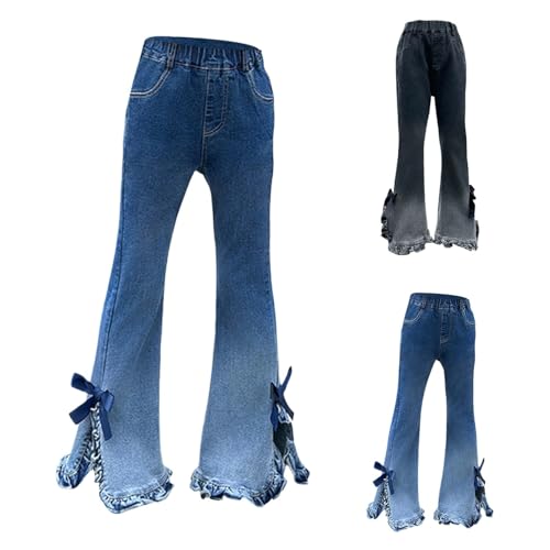 Girls Flare Jeans Cute Bow Bell Bottom Pants Kids Baggy Elastic Waist Washed Bloomers Denim Bottoms Y2K Streetwear