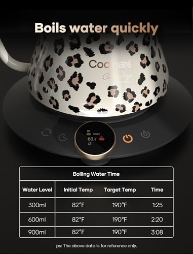 Image of Cocinare Gooseneck Electric Kettle, ±0.5F Precise Temperature Control, 1500W Fast Heating, Pour-Over Coffee & Tea, Stainless Steel, 0.9L (Color-changing Oat Leopard Design)