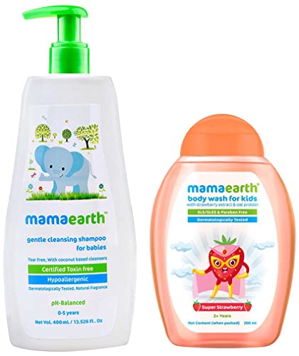 Image of Mamaearth Gentle Cleansing Natural Baby Shampoo, 400ml (White) & Super Strawberry Body Wash for Kids with Strawberry Oat Protein - 300 ml, 1 count