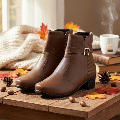 Image of TRASE Stylish Boots for Woman | Synthetic Leather Trendy Winter Shoes with Buckle Strap & Zipper | Comfortable & Lightweight Ladies Footwear