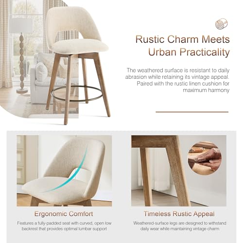 Image of Zesthouse Swivel Bar Stools Set of 4, Wooden Counter Height Chair | Mid century antique solid wood barstool, low back, upholstered beige linen fabric, 26 inch seat height for kitchen counter island