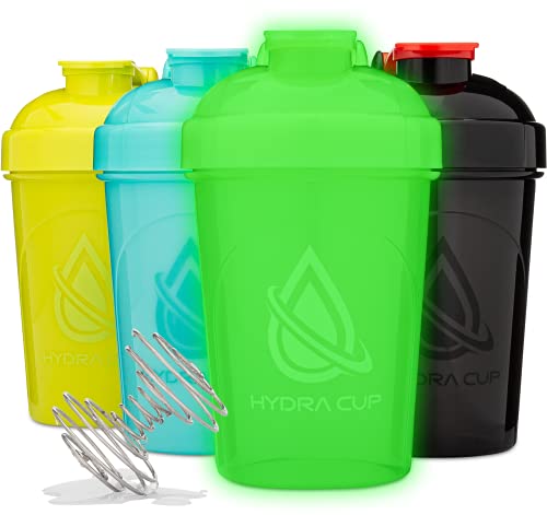Hydra Cup - [4 Pack] 20-Ounce Shaker Bottle with Wire Whisk Balls, includes 1x GLOW IN THE DARK Shaker Cup Blender for Protein Mixes, Neon, OG 2 (4)