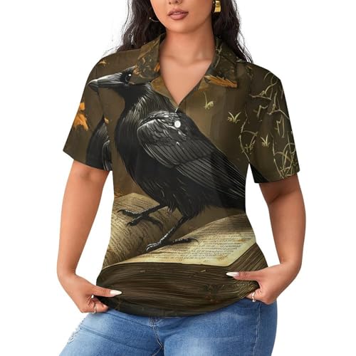 Polo de manga corta para mujer transpirable ropa de ocio con dibujo de cuervo