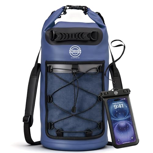 Image of STOVER 5 /10 /25 /30 /40L Waterproof Dry Bag & Phone Case - Large Floating Dry Backpack for Kayaking, Travel, Hiking, Fishing, Camping, Motorcycles & Beach, Heavy-Duty Roll Top Men /Women (Navy Blue)