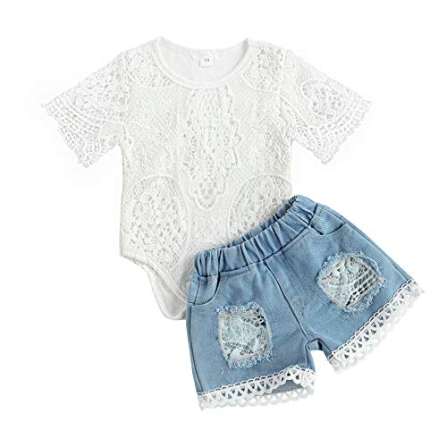 Summer Baby Girl Clothes Jeans Outfit Infant Short Sleeve Bodysuit Top+Ripped Shorts 2PCS Clothing Set (White, 6-12 Months)