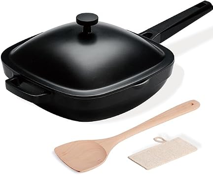 USELUCK 10.5 Inch3.8QT Ceramic Pan with Lid,Non Stick Frying Pans Cast Aluminum Deep Saute Pans,Ti-Ceramic Non Toxic Pix Pan with Wooden Spatula and Scrubber-Midnight Hearth