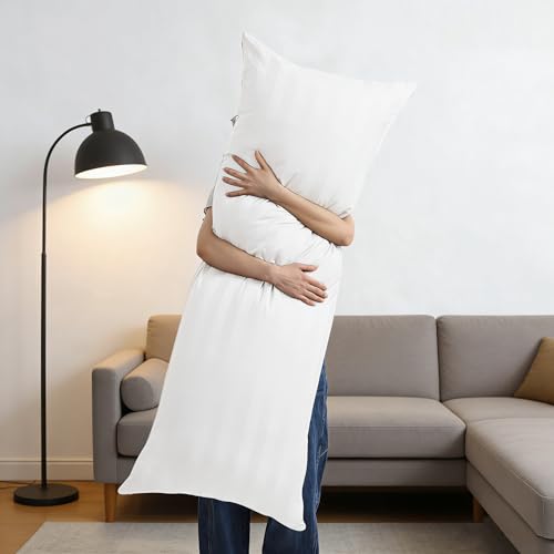 Image of 100% Egyptian Cotton Body Pillow Cover Long Pillow Case, 600 Thread Count Bed Pillow Protector with Zipper, Sateen Weave Cooling Full Body Pillowcase for Adults 20x54 Inches (1PC, Body, Striped White)
