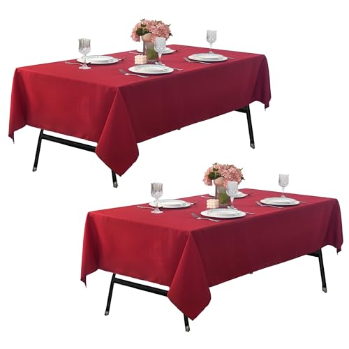 Image of 2-Pack 60x84 inch Burgundy Table Cloths, Solid Stain and Wrinkle Resistant Oblong Tablecloth, Premium Plain Weave Polyester Fabric Rectangle Table Linen Covers for Hotel, Banquet