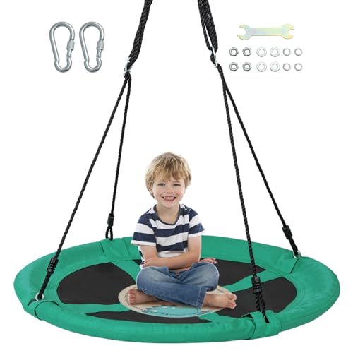 GLACER Saucer Tree Swing, 40'' Tree Swing Set with Multiple Hanging Options, Wear-Resistant 900D Oxford Fabric, Outdoor Round Swing with Adjustable Hanging Ropes for Playground, Backyard (Green)