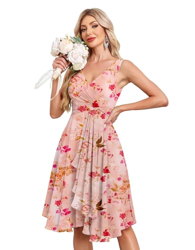 Image of Women's V Neck Short Bridesmaid Dresses 2025 Ruched Waist A Line Chiffon Formal Cocktail Party Dress