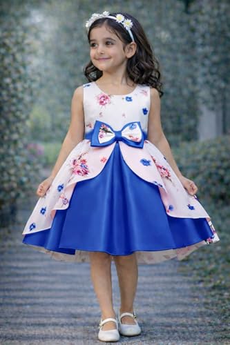 Image of Buy & Try Girl's Satin Floral Printed Frock Knee Length Short Frocks Dress.