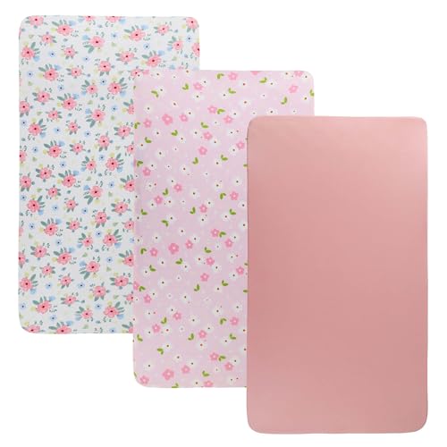 Image of Onacosht Stretchy Bassinet Sheets 33" x 19" Compatible with Mika Micky, KoolaBaby (3 in 1), BabyBond, HARPPA and RICUTON Bedside Bassinet, 3 Pack for Baby Boy and Girl, Pink Floral