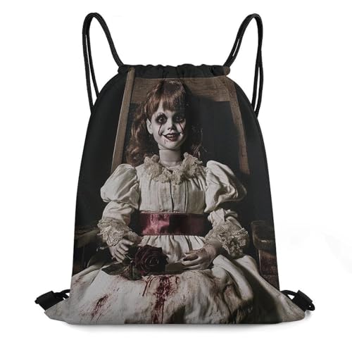 Reusable Scary Horror Doll Black Drawstring Bag, Women and Men Waterproof Casual Draw String Back Bag for Picinc, Hiking, 13.8x16.5 Inch Sturdy Drawstring Backpack