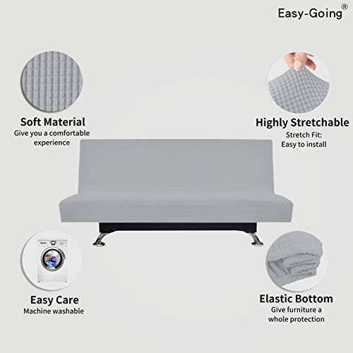 Image of Easy-Going Stretch Large Futon Slipcover Armless Futon Cover Silver Gray | Sofa Bed Furniture Protector Without Armrests with Elastic Bottom for Kids, Soft Jacquard Machine Washable