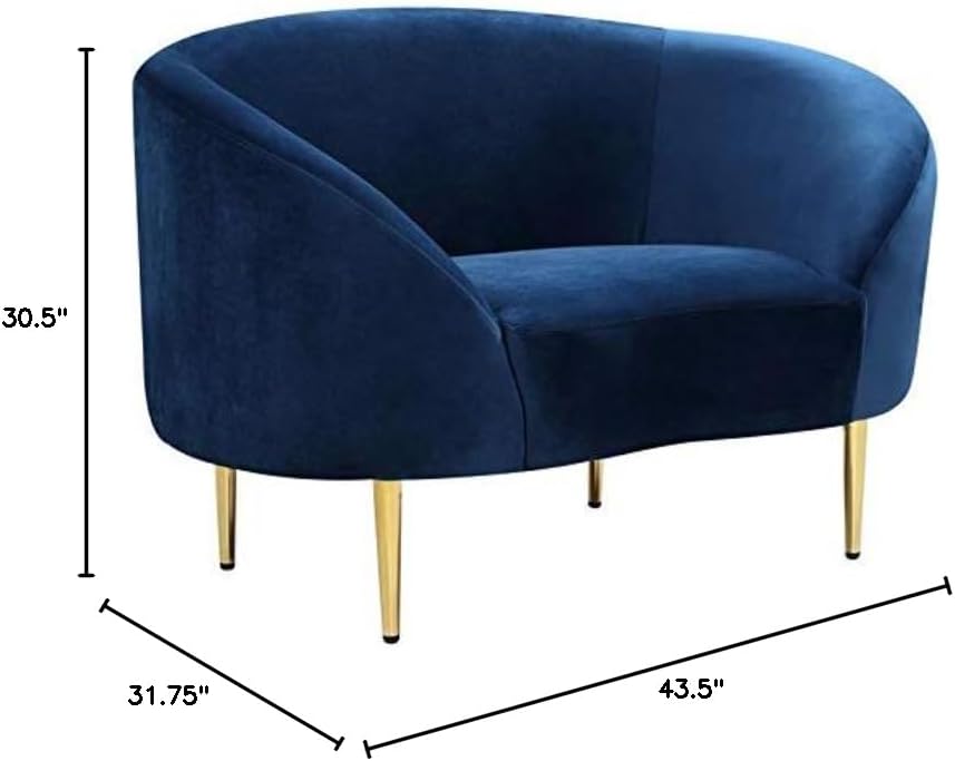 Meridian Furniture Ritz Collection Modern | Contemporary Velvet Upholstered Chair with Sturdy Metal Legs in Rich Gold Finish, Navy, 43.5" W x 31.75" D x 30.5" H