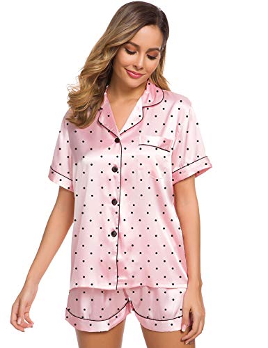 Image of SWOMOG Womens Silk Satin Pajamas Set Short Sleeve Sleepwear Button Down Top and Shorts Loungewear 2 Piece Pjs Set XS-3XL