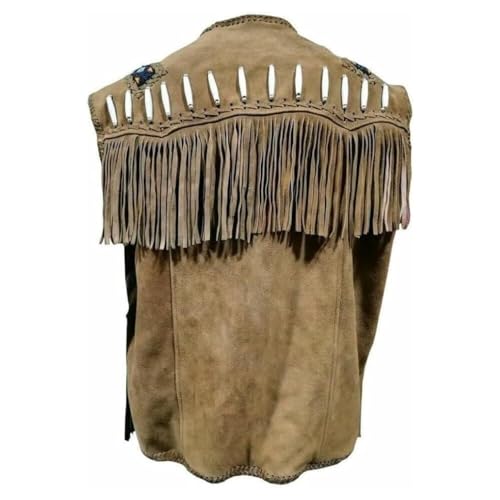 Western Style Cow Suede Leather Vest for Men with Native American-Inspired Design, Fringes, Beads & Braid2