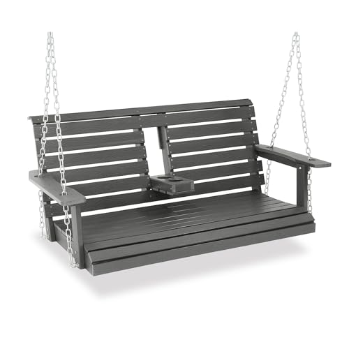 Poly Lumber 2-Seat Porch Swing HIPS 4.5-Feet Bench Swing with Foldable Cup Holders 18/8 Stainless Steel Hardware High Backrest and Deep Contoured Seat (Deep Gray 4.5-feet)