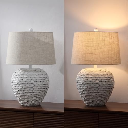 JONATHAN Y 24.5" White Water Hyacinth Farmhouse Basket Table Lamp, Coastal Decor for Living Room Bedroom Nightstand, Light Gray Linen Shade, LED Bulb Included (JYL6501C) by JONATHAN Y - Used condition - Image 7