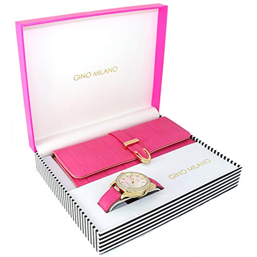 Gino Milano Elegant Women's Leather Band Watch & Matching Tri-Fold Wallet Set - Stylish Gold Watch With Leather Clutch Wallet Set For Ladies #TOP1