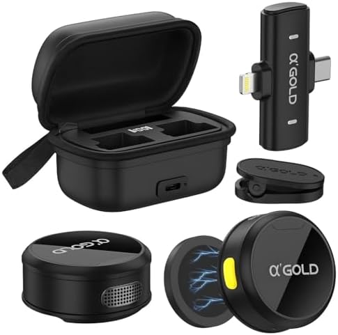 Microfone de Lapela Duplo Sem Fio α’GOLD Premium, Case de Carrega...