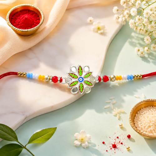 Image of DeoDap Rakhi with Chocolate for Brother - Floral Design Rakhi with Butter Scotch Chocolate 32 Gm, Tilak Set, Silver Color Pooja Coin, Greeting Card - Raksha Bandhan Combo for Bhai