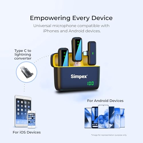 Image of Simpex (SWM-009 2 in 1 Wireless Microphone System with Active Noise Cancellation, 50m Wireless Range, Upto 8 hrs of Working time, Plug and Play, Compatible with All the Smartphones.