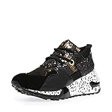 Steve Madden Cliff Round-Toe Lace Up Platform Fashion Chunky Sneakers Black Gold (Black/Gold, 7.5)