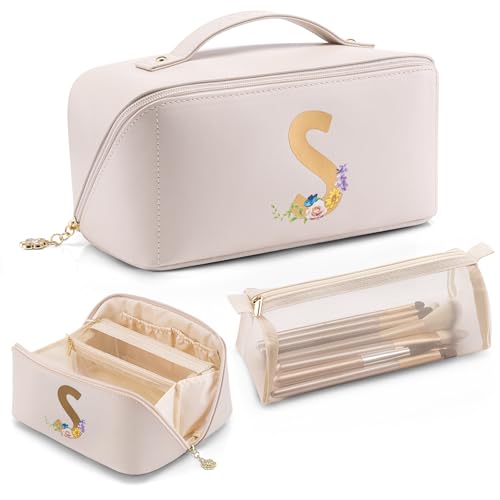 Vlando Bridesmaid Gifts for Wedding Day,Makeup Travel Bag, Gift Ideas for Women,Traveler,Maid Of Honor Personalized Bachelorette Party Gifts Birthday Gifts for Women Female(Letter S)