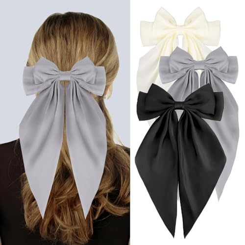 Silky Satin Hair Bows, Oversized Long Tail Bows with Barrette Clips, Coquette Hair Accessories for Women and Girls (Black - Gray - Beige)