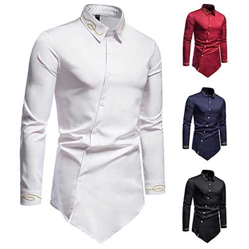 Jxeww Men's Dress Shirts Long Sleeve Button Down Embroidered Asymmetric Collar Turtleneck Slim Fit Sweatshirt Mk7016 White M #TOP3