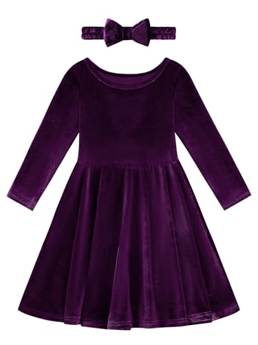 Toddler Girl Fall Winter Clothes Velvet Long Sleeve Swing Twirl Skater Dress with Hairband Baby Christmas Outfit 2-7Y